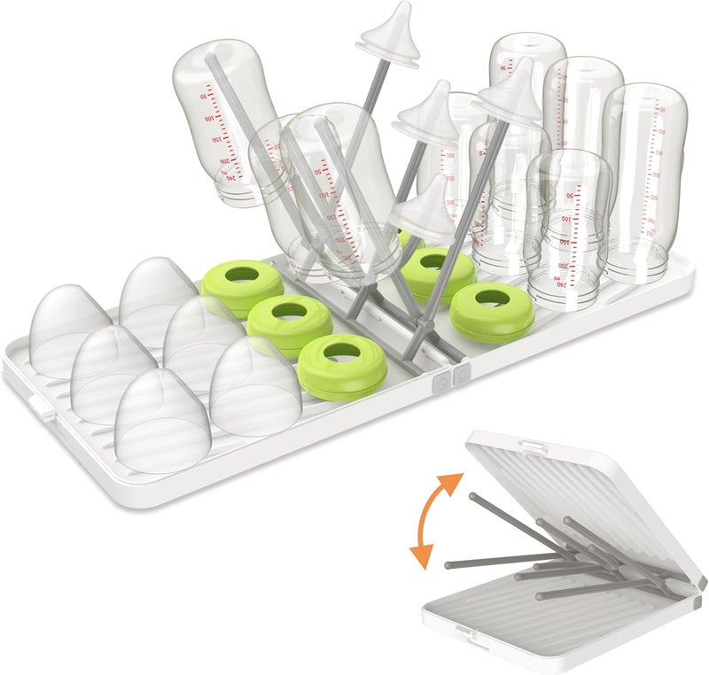 YOTIME Baby Bottle Drying Rack with Drainer, Foldable & Space Saving Drying Rack for Baby Bottles, Nipple and Accessories, White - Image 1
